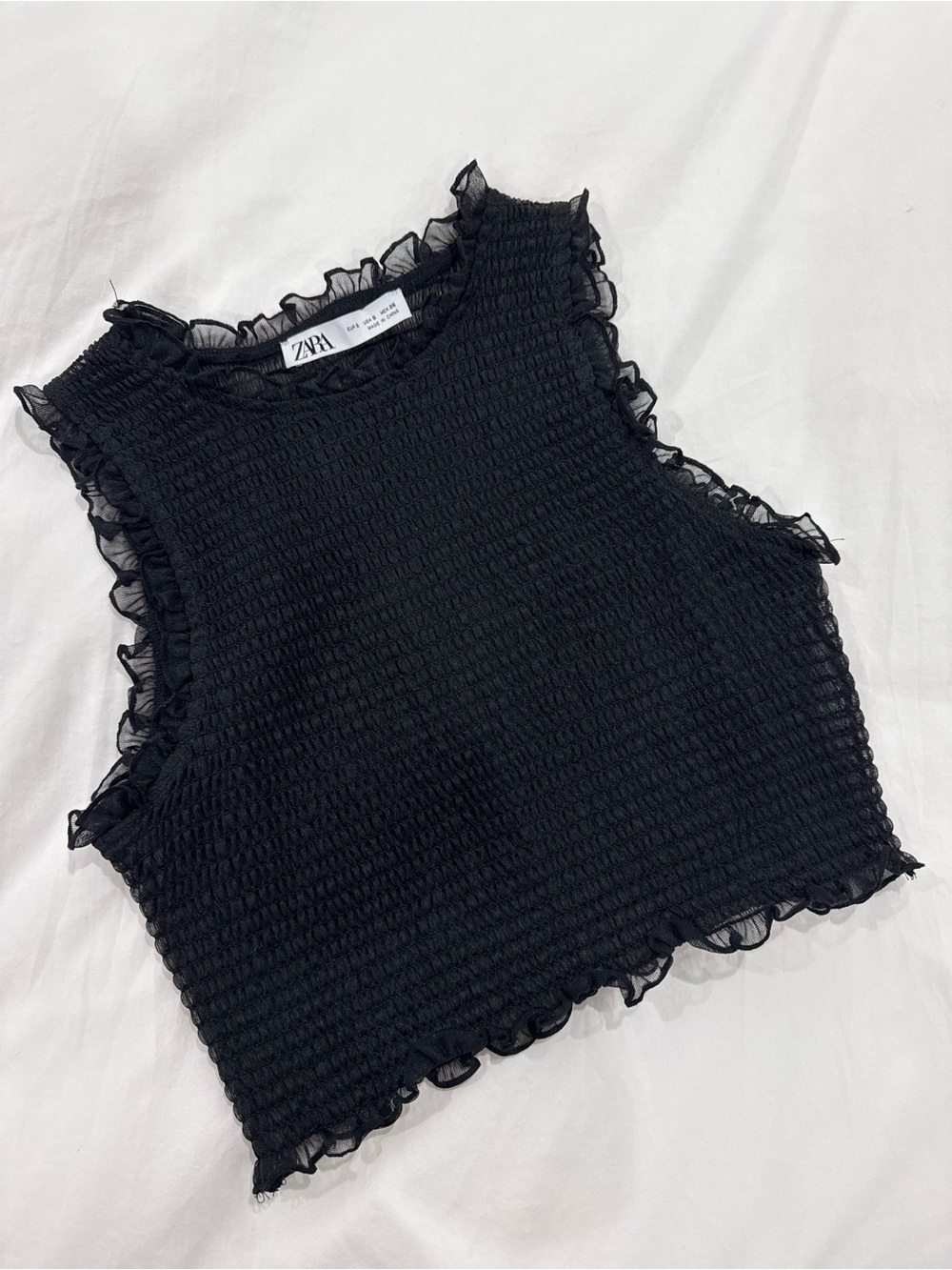 Zara Black Smocked Ruffle-Edge Crop Tank